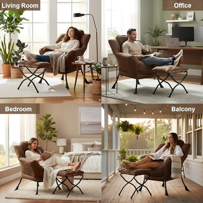 Lazy Chair with Ottoman, Comfy Accent Reading Chair, Dark Brown | Foldable Footrest,Removable Cover,with Armrests and Side Pockets,Upholstered Lounge Chair for Bedroom,Dorm,Office,Small Space - color: Dark Brown