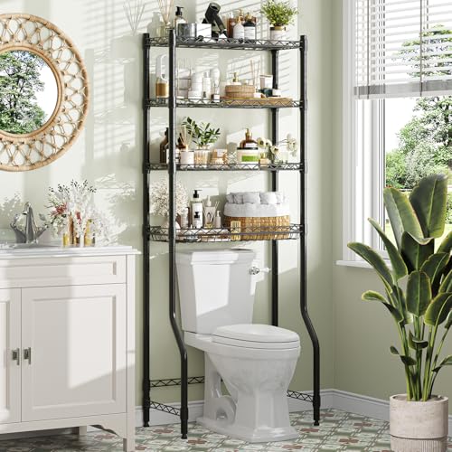 Simple Trending 4 Tier Over The Toilet Storage Rack, Bathroom Organizers and Storage Over Toilet with Adjustable Shelf and Basket, (Black) - color: 4-tier Black
