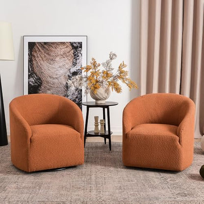 KINWELL 32" Wide Swivel Barrel Chairs Set of 2, Boucle Upholstered Swivel Accent Chairs, Mid-Century 360 Degree Swivel Chairs, No Assembly Round Armchairs for Living Room, Bedroom (Caramel) - color: Caramel, style: Set of 2