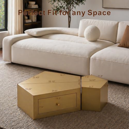 Geometric Nesting Coffee Table Set of 2 with Drawer, Gold | 33.15"&14.57", Modular Nesting Table, Drawer Storage, Faceted Polyhedral Artisan Center Table, No Need Assembled, Living Room - color: 33.15" & 14.57" Geometric Nesting Coffee Table