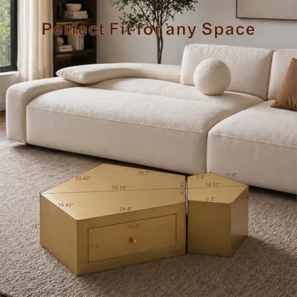 Geometric Nesting Coffee Table Set of 2 with Drawer, Gold | 33.15"&14.57", Modular Nesting Table, Drawer Storage, Faceted Polyhedral Artisan Center Table, No Need Assembled, Living Room - color: 33.15" & 14.57" Geometric Nesting Coffee Table