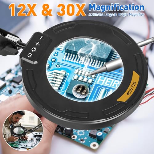 Ultra Long 3-Section Swing Arm 12X 30X Magnifying Glass with Light | 4-Way Large Metal Clamp, 5 Color Modes LEDs, 35.2Inch Lighted Magnifier Lamp for Workbench Crafting Hobby Soldering Reading