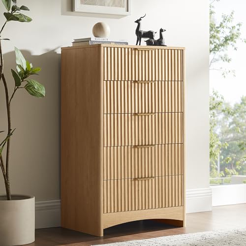 Amada Tall 5 Drawer Dresser, Modern Fluted Vertical Chest with Rounded Corners, Pre-Installed Drawer Slides & Narrow Storage Design for Bedroom or Hallway in Natural Oak - color: Natural Oak, size: 15.5"D x 23.62"W x 40.5"H (5 Drawers)