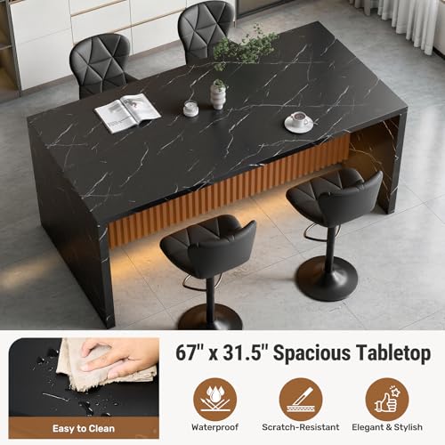67" Kitchen Island Table with Faux Marble Top, Counter Height Dining Table for Kitchen, Modern Island Table with Fluted Base, Seats 4 - color: Black, size: Table Only