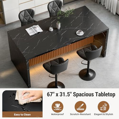 67" Kitchen Island Table with Faux Marble Top, Counter Height Dining Table for Kitchen, Modern Island Table with Fluted Base, Seats 4 - color: Black, size: Table Only