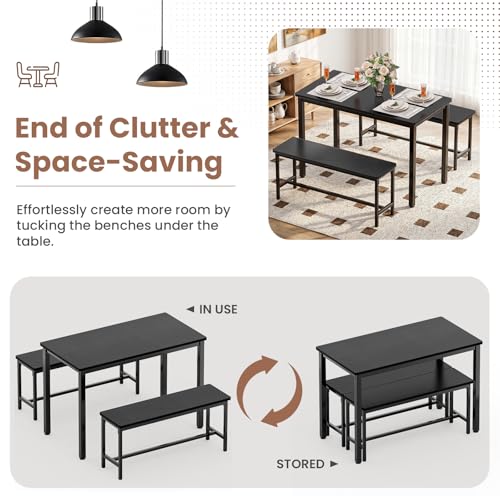 Dining Table Set for 4, Kitchen Table with 2 Benchs, Black | Modern Functional 3 Piece Space-Saving Dining Room Table Set for Apartment, Breakfast Nook, Small Space - color: Black