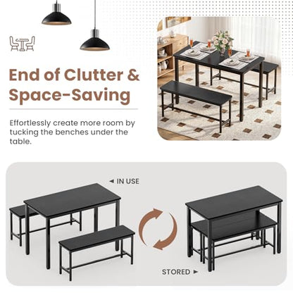 Dining Table Set for 4, Kitchen Table with 2 Benchs, Black | Modern Functional 3 Piece Space-Saving Dining Room Table Set for Apartment, Breakfast Nook, Small Space - color: Black