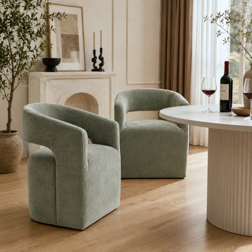Barrel Accent Chair with Casters, Contemporary Upholstered Arm Chair with Wraparound Back, Plush Rounded Seat, Pedestal Base for Living Room Bedroom Office, Green - color: Green