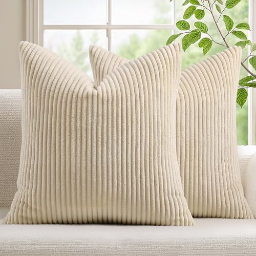 Mecatny Corduroy 가을 장식용 쿠션 커버 40.6 x 40.6cm(16 x 16인치) 베이지 | 부드러운 스트라이프 질감, 숨겨진 지퍼 디자인, 소파 소파 거실 침실, 홈 데코용 뉴트럴 보헤미안 스퀘어 베개 커버 - color: 베이지., size: 16" x 16" (Pack of 2)