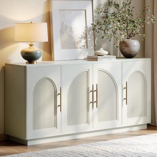 Evermagin 67IN White Fluted Sideboard Buffet Cabinet with Storage | Large Wood Storage Cabinet with Arched Door, Modern Dining Room Buffet Table for Kitchen Living Room Hallway Entryway - color: White