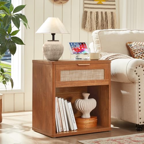 LEYAOYAO Rattan 23" Nightstands with Charger for Bedroom | Gold Metal Handle, Storage Shelf, Brown Night Stand with Drawer, Boho Bedside Table, Bed Side End Tables Living Room, Hallway - color: Tea Brown, size: 1 Drawer