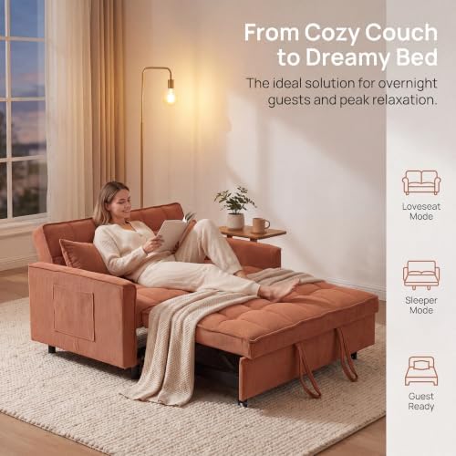 Sleeper Sofa Bed with Adjustable Backrest & Side Pockets, Orange | Adjustable Backrest & Side Pockets,Pull Out Sofa,Comfortable Fabric - color: S-orange-k9