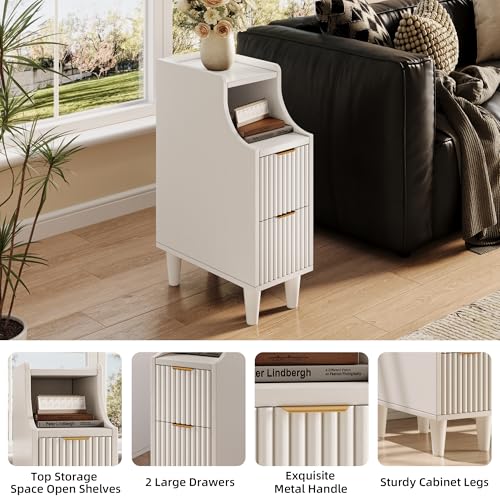 7.9" Narrow Fluted Nightstand Set of 2,Slim Side End Table with 2 Drawers,White Modern Bedside Table,Skinny Night Stand for Bedroom,Small Space - color: White,7.9" With 2 Drawers