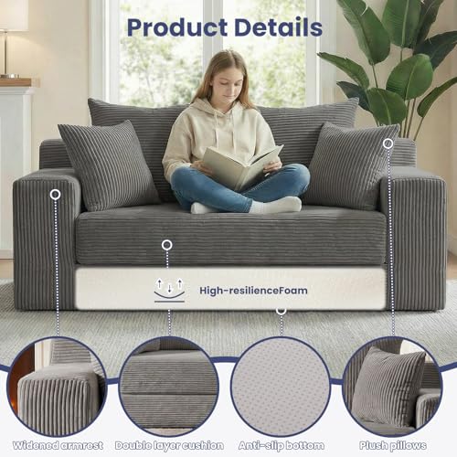 3-in-1 Convertible Sofa Bed: Boneless Loveseat Sleeper & Folding Couch Bed with 4 Pillows & Detachable Cushion for Bedroom, Small Space, Guest and Living Room, Corduroy Futon, No Assembly,Grey