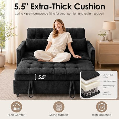 Dreamzie 55'' 3 in 1 Convertible Sofa Bed with USB Charging Ports, Pull Out Couch with Adjustable Backrest and Side Pockets, Sleeper Sofa for Living Room, Apartment, RV, Easy Assembly - Black - color: Black