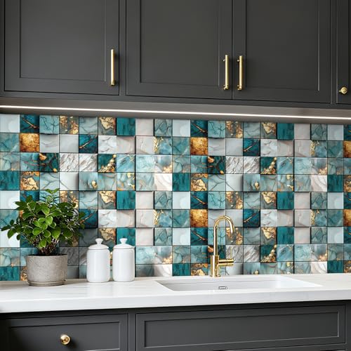 ReWallpaper 17.5in x 23ft Marble Mosaic Tile Wallpaper Peel and Stick Blue and Gold Waterproof Backsplash Contact Paper for Kitchen Wall Bathroom Laundry Room Coffee Bar Rental Home Accent Wall Decor - size: 17.5in x 23ft