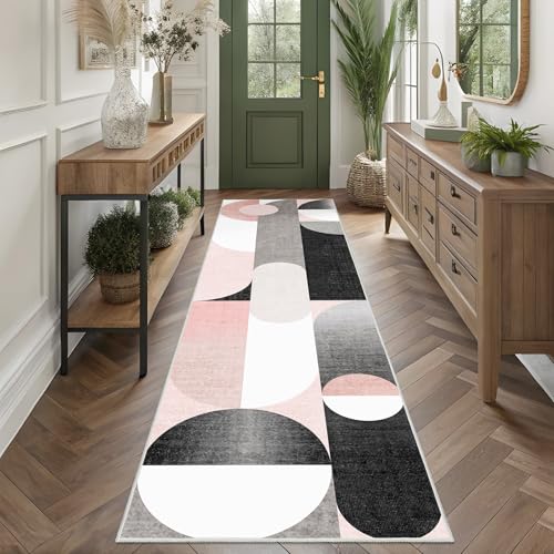 Pink Runner Rug 2x8 Long Modern Washable Rug Runners for Hallway | Rugs for Bedroom Entryway Bathroom Kitchen,Non Slip Floor Carpet,Blush Grey Black - color: Geometric Pink, size: 2'x8'