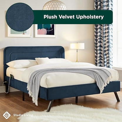 Studio Living® Adaline Upholstered Bed, Full Size, USB A + C Power, Storage Sleeve, Velvet Fabric, Navy - color: Navy, size: Full