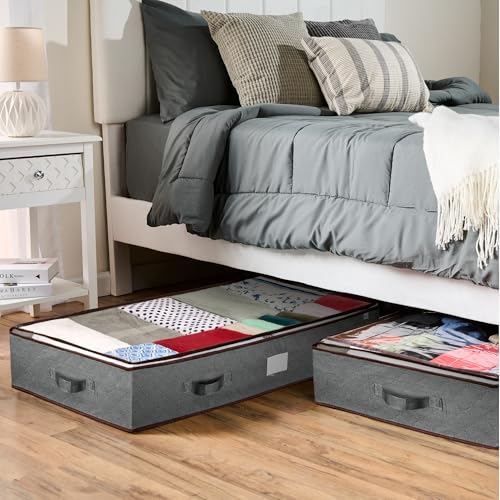 ZOBER Under Bed Storage Bags, Underbed Storage Containers, Gray, 90L 4-Pack | Non-woven fabric, foldable, clear top, dual zippers, reinforced handles, under bed storage containers for clothes, blankets