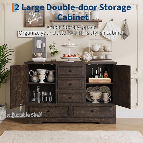 GarveeHome 47" Farmhouse Sideboard Buffet Cabinet, Sideboard Storage credenza with 5 Drawers and 2 Doors, Wood Coffee Bar Cabinet, Buffet Table for Dining Room Living Room, Brown - color: Brown