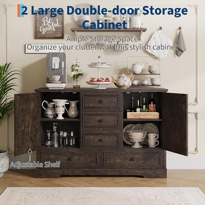GarveeHome 47" Farmhouse Sideboard Buffet Cabinet, Sideboard Storage credenza with 5 Drawers and 2 Doors, Wood Coffee Bar Cabinet, Buffet Table for Dining Room Living Room, Brown - color: Brown