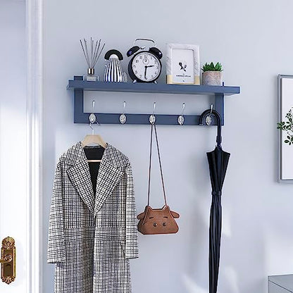 SMIBUY Coat Hooks with Shelf Wall-Mounted, 29.2 Inch Entryway Coat Rack for Wall, Bamboo Hanging Shelf with 5 Double Metal Hooks for Bathroom, Bedroom, Kitchen, Living Room, Mudroom (Grey) - color: Gray