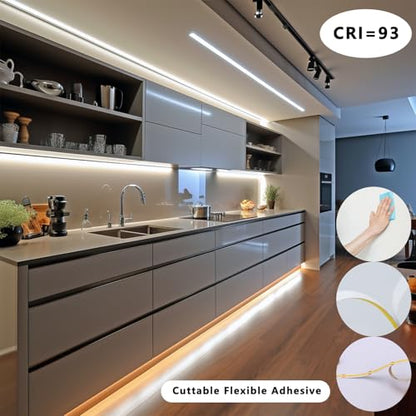 BENLUN 12V COB LED Under Cabinet Strip Lighting Cuttable 32.8ft for Kitchen | 4000K Natural White LED Strip Lights Dimmable Adhesive 8W/M CRI 93 with Dimmer and Power Supply for Bookcase Shelf Display - color: Natural White 4000K