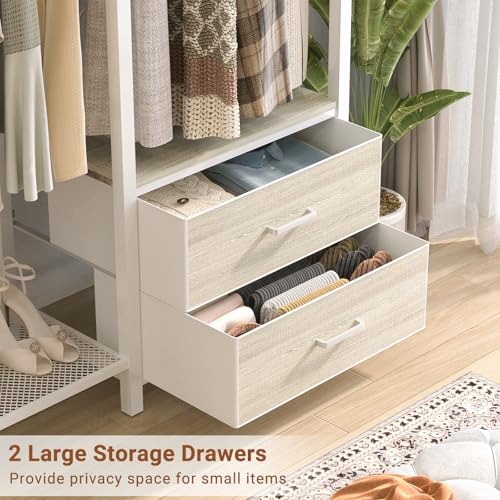 78.7'' Clothes Rack for Hanging Clothes - Reversible Clothing Rack with 2 Drawers, Heavy Duty Garment Racks with Shelves, 6 Tiers Freestanding Closet Wardrobe System with Hanging Hooks, White Oak - color: White Oak, size: 45.3"W