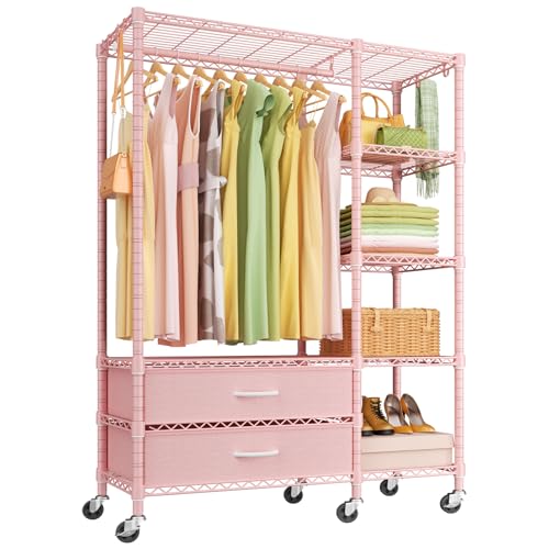 F3R Heavy Duty Clothes Rack（With Lockable Wheels）Freestanding Clothing Racks for Hanging Clothes，Adjustable Closet Organizer System，Portable Garment Rack 40"W x 15"D x 74"H，Max Load 700LBS，Pink - color: Pink, style: Rolling