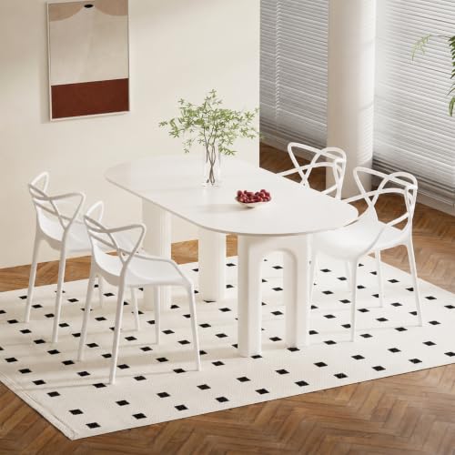 Mid Century Modern Dining Chairs Set of 4, Stackable Kitchen Chairs | Plastic Dining Room Chairs with Contoured Backrest & Wide Seat & Non-Slip Feet for Dining/Kitchen/Living Room, White - color: White