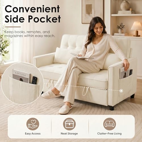Dreamzie 55'' 3 in 1 Convertible Sofa Bed with USB Charging Ports, Pull Out Couch with Adjustable Backrest and Side Pockets, Sleeper Sofa for Living Room, Apartment, RV, Easy Assembly - Beige - color: Beige