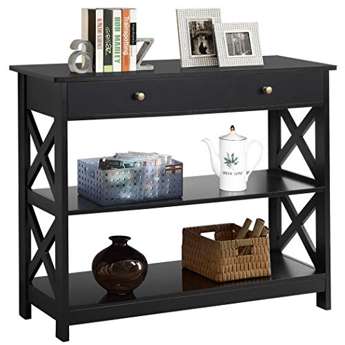Yaheetech Narrow Entryway Console Table with Drawer, Storage Shelf, Black | X-Frame Painted MDF Build, Drawer and 2 Open Shelves for a Living Room, Sofa Side or Small TV Stand, Tabletop Holds 55 lb - color: Black