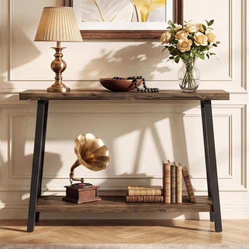 Tribesigns 41.3" Live Edge Solid Wood Console Table, Industrial 2-Tier Entryway Table with Sturdy Metal Frame, Narrow Sofa Accent Table with Storage Shelf for Living Room Hallway Foyer, Brown & Black