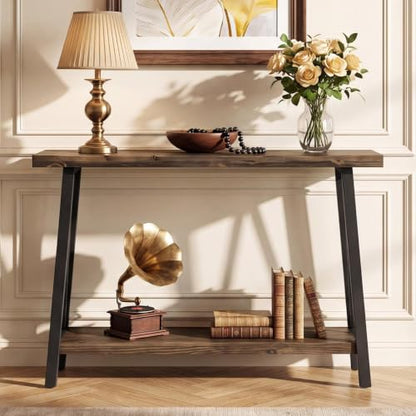 Tribesigns 41.3" Live Edge Solid Wood Console Table, Industrial 2-Tier Entryway Table with Sturdy Metal Frame, Narrow Sofa Accent Table with Storage Shelf for Living Room Hallway Foyer, Brown & Black