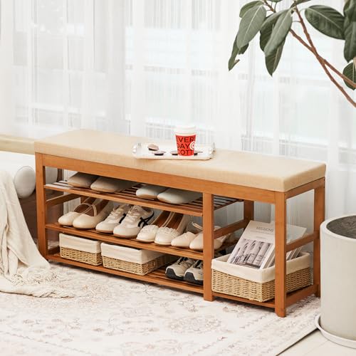 PETKABOO 47.2 in Shoe Rack Bench with Cushion, 3 Tier Bamboo Entryway Bench with Storage for Entryway, Hallway, Bedroom, Living Room - color: Brown, style: 47 in