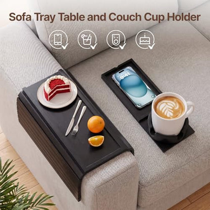 Bamboo Sofa Armrest Tray, Foldable Couch Arm Tray Side Table, 2 in 1 Anti-Falling Armrest Tables Cup Holder for Snacks, Drinks, Beers, Phone, Control, Flexible and Portable, Anti-Slip, (Black) - color: Black