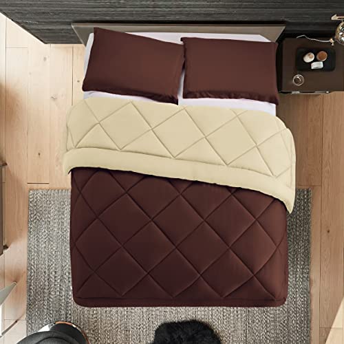 Elegant Comfort Reversible 3-Piece Comforter Set All Season, Ultra Soft, Down Alternative Comforter, Twin, Brown/Cream - color: Brown/Cream, size: Twin/Twin XL