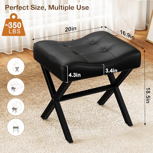 18-Inch Large Leather Vanity Stool Chair, Black Makeup Stool | Vanity Bench, Metal X-Leg, 350 LBS, 20"x16.9"x18", Ottoman Accent Stool, Thick Padded Saddle Seat, For Living Room Bedroom - size: Large, style: Black Leather