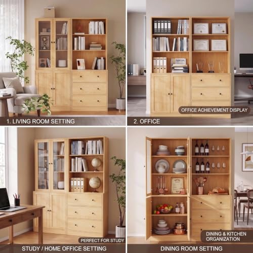 TUSY 71" H Bookshelf with Storage, Modern Bookcase with Drawer (Wood, AABB) | 6-Tier Bookshelves with 3 Large Drawer, Display Bookcase with Glass Doors, Wooden Curio Cabinet for Home Office, Dining Room - color: Wood