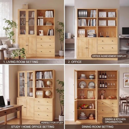 TUSY 71" H Bookshelf with Storage, Modern Bookcase with Drawer (Wood, AABB) | 6-Tier Bookshelves with 3 Large Drawer, Display Bookcase with Glass Doors, Wooden Curio Cabinet for Home Office, Dining Room - color: Wood