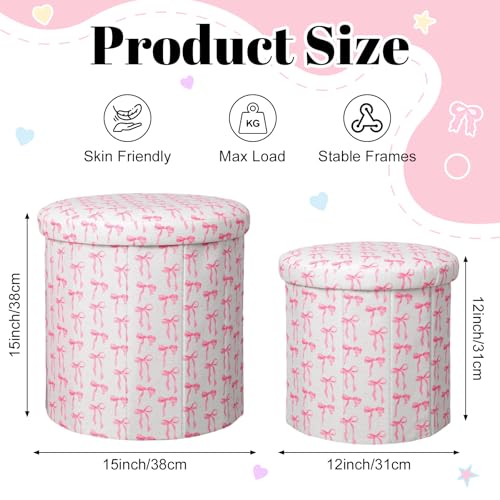 Geetery 2 Pcs Dorm Ottoman with Storage Set Pink Bow Ottoman | Vanity Stool with Storage for Bedroom Coffee Table Small Coquette Foot Stool for Girls Living Room College Dorm Essentials - style: Pink Bow Pattern