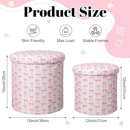 Geetery 2 Pcs Dorm Ottoman with Storage Set Pink Bow Ottoman | Vanity Stool with Storage for Bedroom Coffee Table Small Coquette Foot Stool for Girls Living Room College Dorm Essentials - style: Pink Bow Pattern