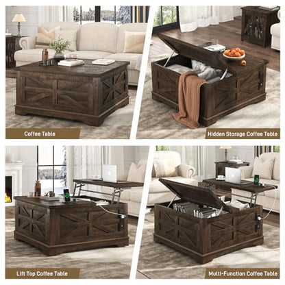 Hlivelood 36" Farmhouse Movable Lift Top Coffee Table with Storage and Power Outlets, Square Wood Living Room Tables with Wheels&Large Hidden Space, Lift Wooden Barn Door Center Table, Brown - color: Brown