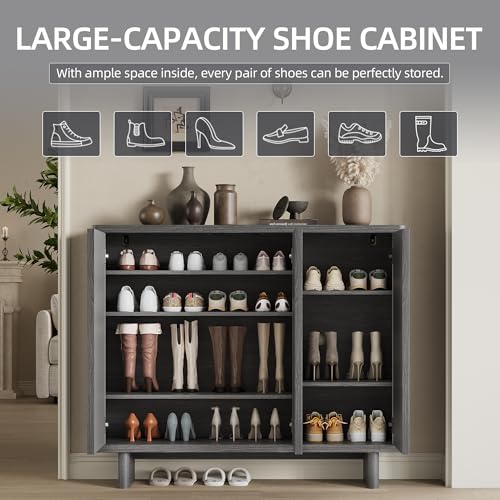 GarveeHome 46 Inch Shoe Cabinet with 4 Adjustable Shelves, 5-Tier Fluted Door Storage, Pop-Up One-Touch Opening, Anti-Tip Hardware, Freestanding Rustic Shoe Bench for Entryway & Hallway