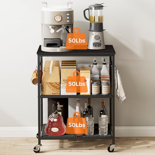 Homleke 3-Tier Rolling Kitchen Microwave Cart, Utility Cart | with Lockable Wheels Coffee Bar Table Station with 6 Hooks, Small Appliance Storage Shelf, Black - color: Black