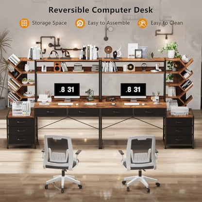 52" Computer Desk with Bookshelf, 5 Drawers ＆ Hutch for Bedroom | Office Desk with Printer Shelf, Study Writing Desk with Storage Shelves, Rustic Brown - color: Rustic Brown