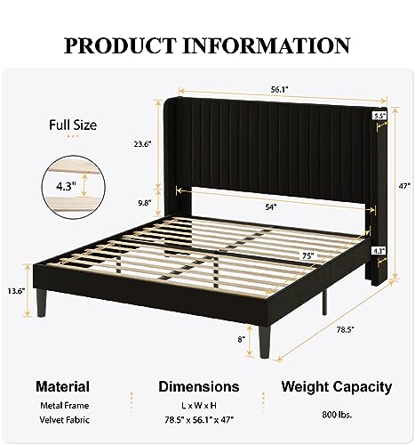 SHA CERLIN Full Size Velvet Bed Frame, Tufted Wingback Headboard, Black | 47'' Modern Vertical Channel Headboard, Upholstered Platform Bed, Wood Slats, No Box Spring Needed, Easy Assembly, Noise Free - color: Black, size: Full