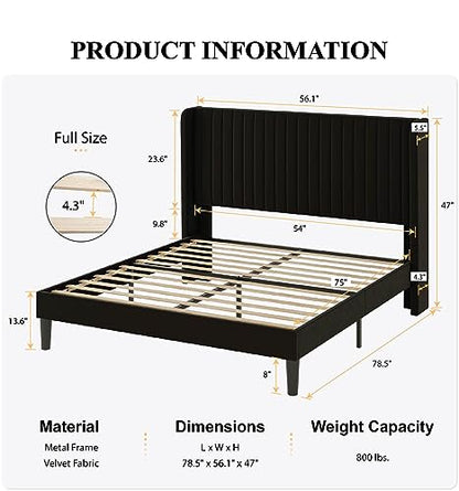 SHA CERLIN Full Size Velvet Bed Frame, Tufted Wingback Headboard, Black | 47'' Modern Vertical Channel Headboard, Upholstered Platform Bed, Wood Slats, No Box Spring Needed, Easy Assembly, Noise Free - color: Black, size: Full