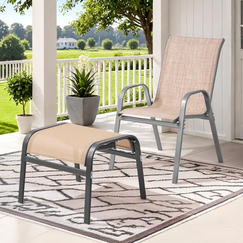 Outdoor Ottoman Set of 2, Oversized Outdoor Foot Rest, Beige | Stackable, All Weather Outdoor Foot Stool, Supportive Textliene, Metal Frame, Patio Garden Pool Furniture - color: Beige
