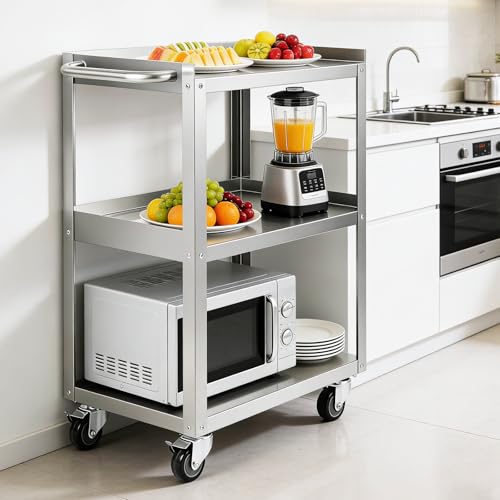 Hally Stainless Steel Utility Cart 3 Tier NSF Rolling Carts 24" Lx16 Wx34 H | Commercial Heavy Duty Metal Mobile Food Cart, with Handle and Wheels, for Kitchen, Restaurant, Hospital, Laboratory and Home - size: 16''x24''x34''